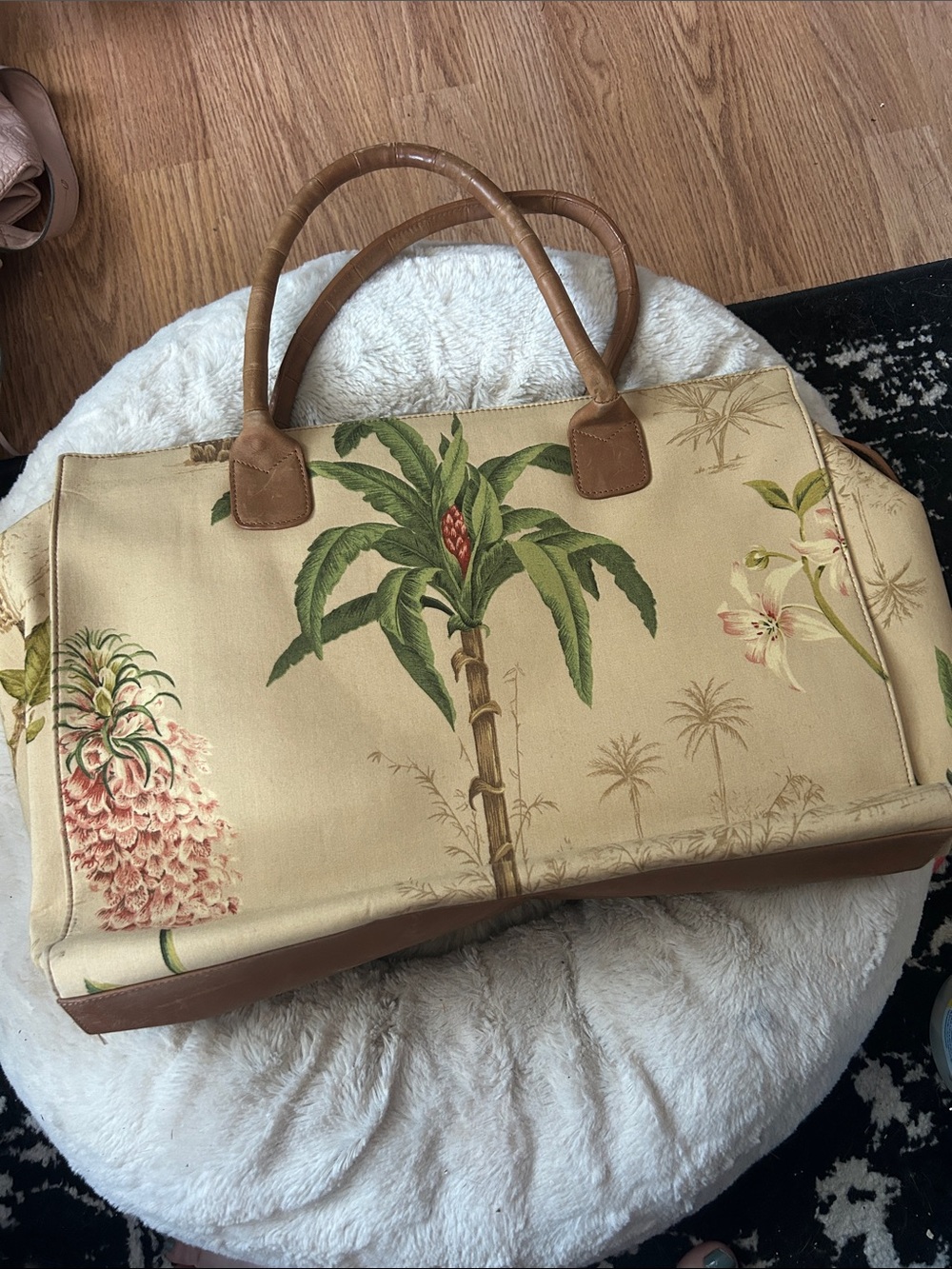 Echo Beige Tropical Canvas Tote with Brown Leather Trim